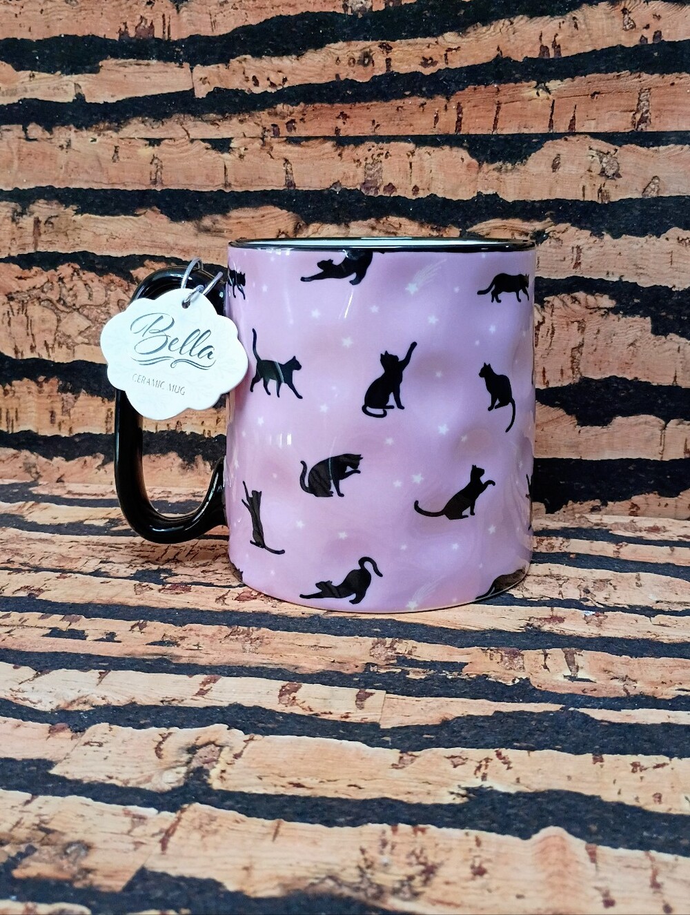 Purple/Pink Ceramic Black Cat Silhouette Mug with Black Handle